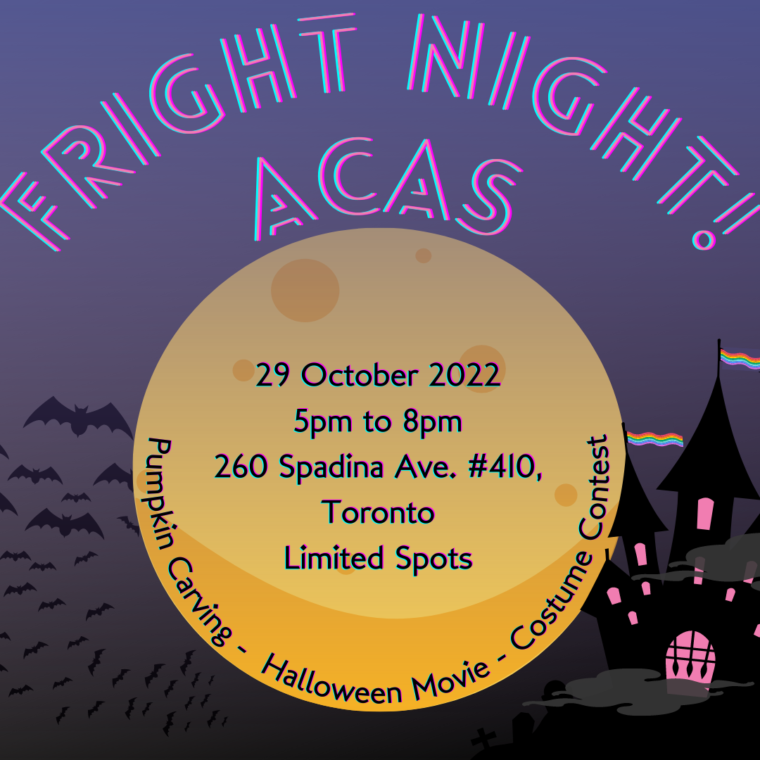 A purple-orange graphic that advertises Fright Night at ACAS, with a full moon, a castle, and some bats.