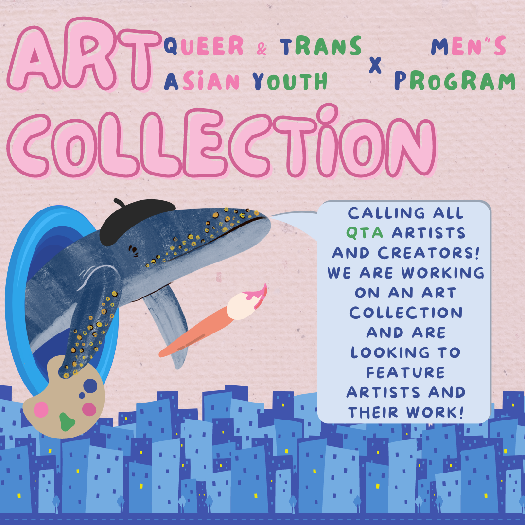 Image Description: On a light pink background, there is a whale dressed as a painter flying over a city and has a speech bubble telling us about the Queer & Trans Asian Art Collection.