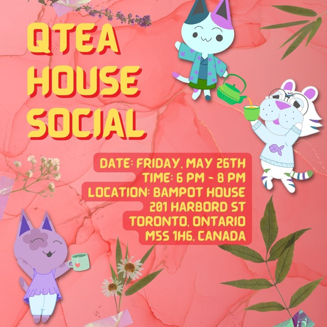 Image Description: a red marble background with taped pressed flora, and 3 Animal Crossing characters holding mugs or a teapot, representing Winsome, Dany & Lindy. Yellow text explains the details of the above event.